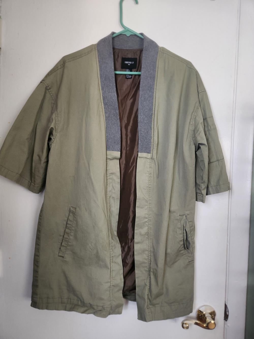 Forever 21 Olive Green Lightweight Shirt Jacket with Gray Knit Collar